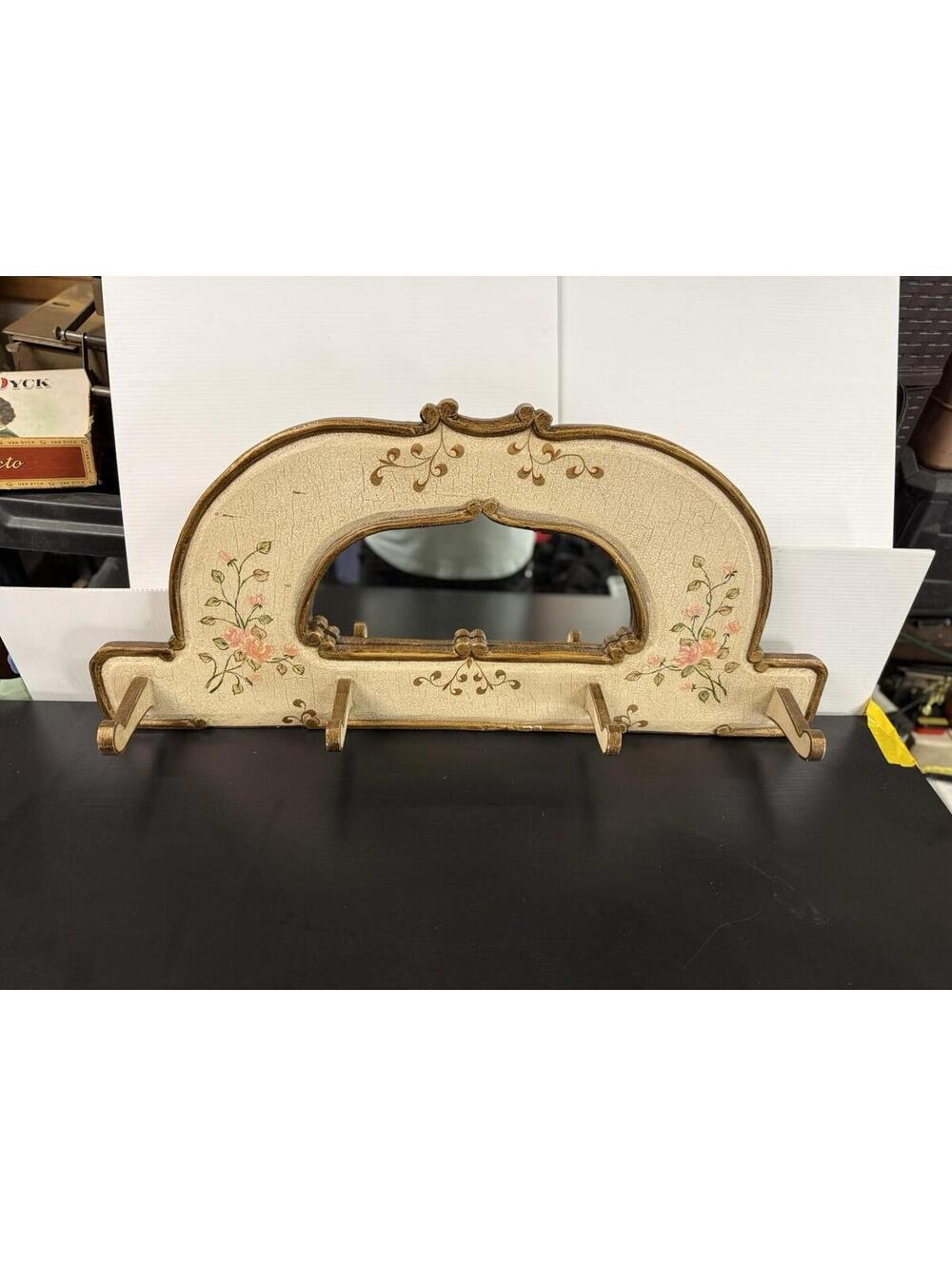 Vintage Floral Wall Shelf Mirror Hooks Cottage Shabby Chic Gold Wood Rack